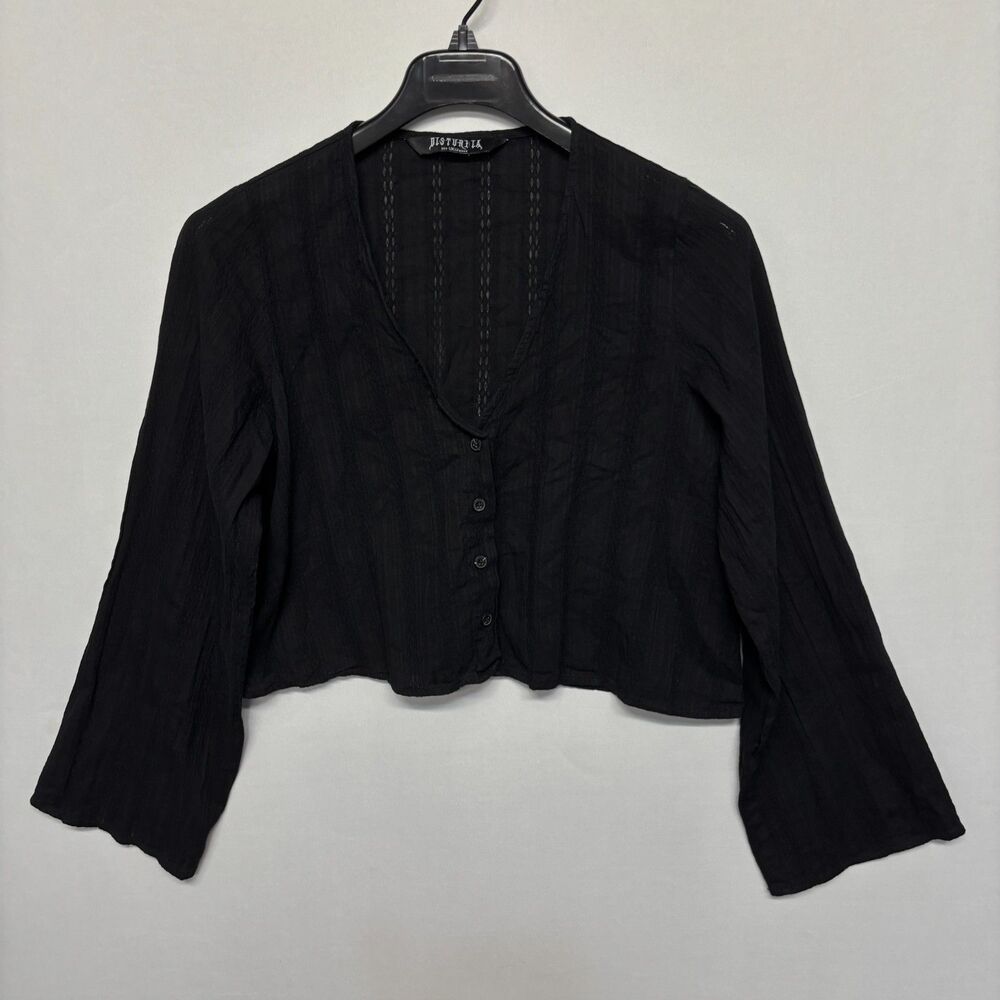 Disturbia Women Crop Blouse Top Button Shirt Size US 8 UK 12 Black C134 -5